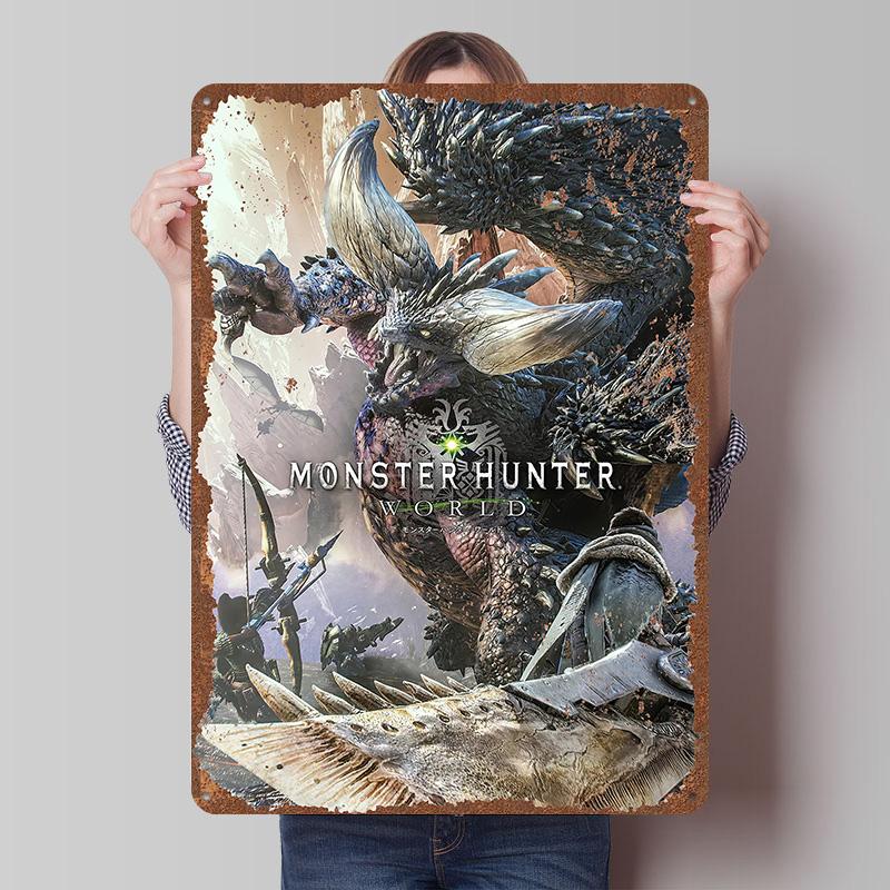 MMonster Hunter Tinplate Posters Custom Wall Art Vintage Metal Signs Retro Tin Plaque for Gaming Decoration Room Bar Accessories