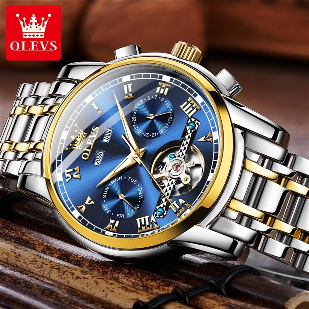 OLEVS 6607 Automatic Men's Watches Top Original Mechanical Watch for Men Luxury Skeleton Flywheel Waterproof Calendar Wristwatch