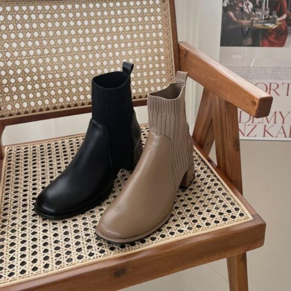 Melting Brown Women Daily Knit Combi Mid Boots Ankle Boots 2 Color