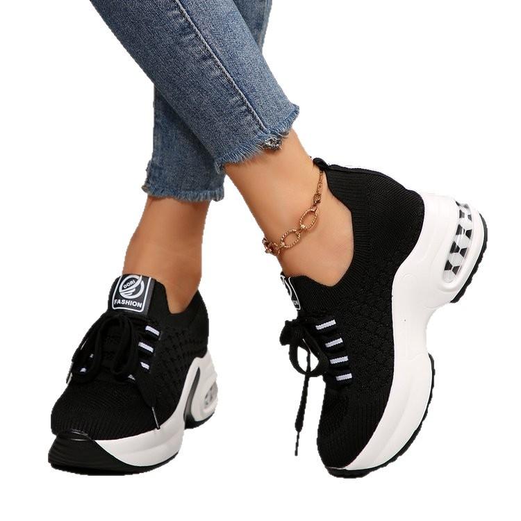 Large Size Thick-soled Heightened Flying Woven Surface Straps Sports and Leisure Shoes Spring and Autumn New Round Head Wedge Single Shoes