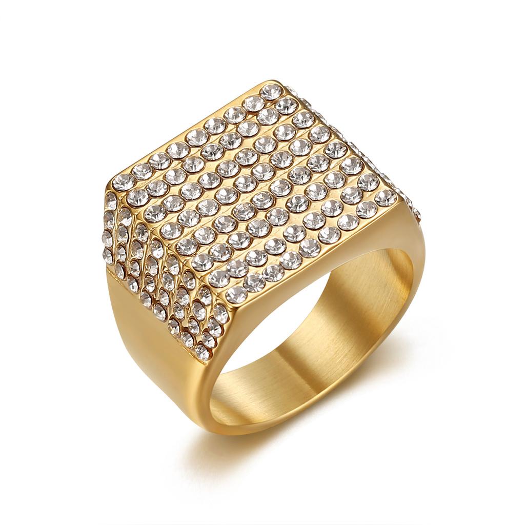 Hot Selling Hip Hop Jewelry Titanium Steel Gold Plated Square Full Diamond Ring