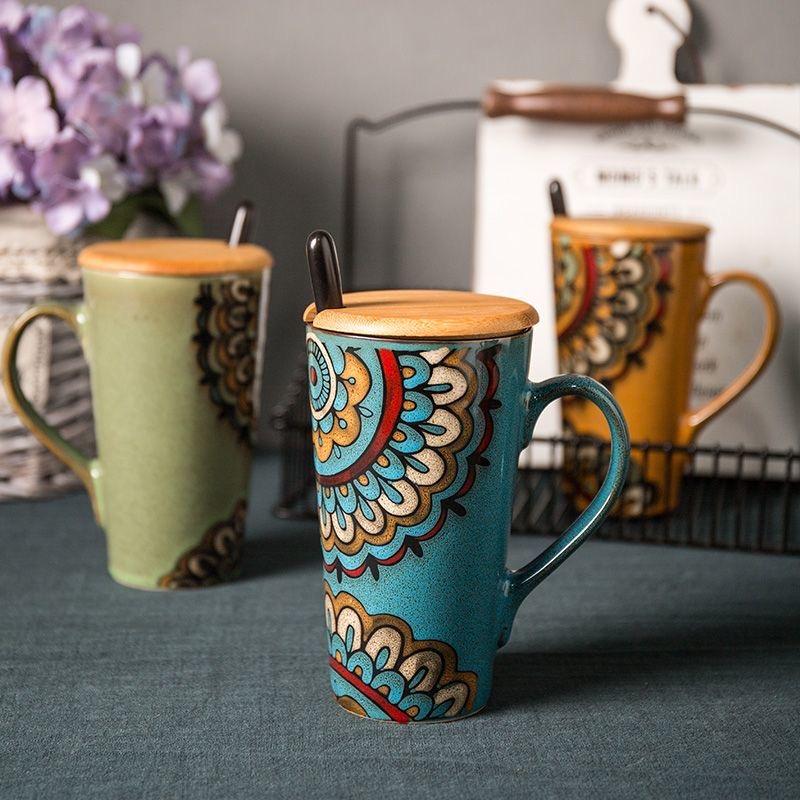 Большая керамическая кружка в скандинавском стиле с ложкой и крышкой – Креативная и персонализированная кофейная чашка