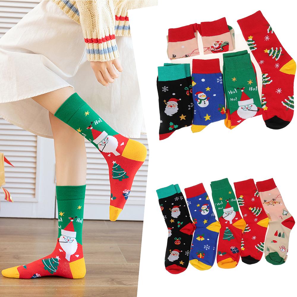 5 Pairs Set Christmas Crew Socks for Women, Cute Santa Snowman Xmas Tree Printed Cotton Socks, Winter Warm Casual Fashion Socks