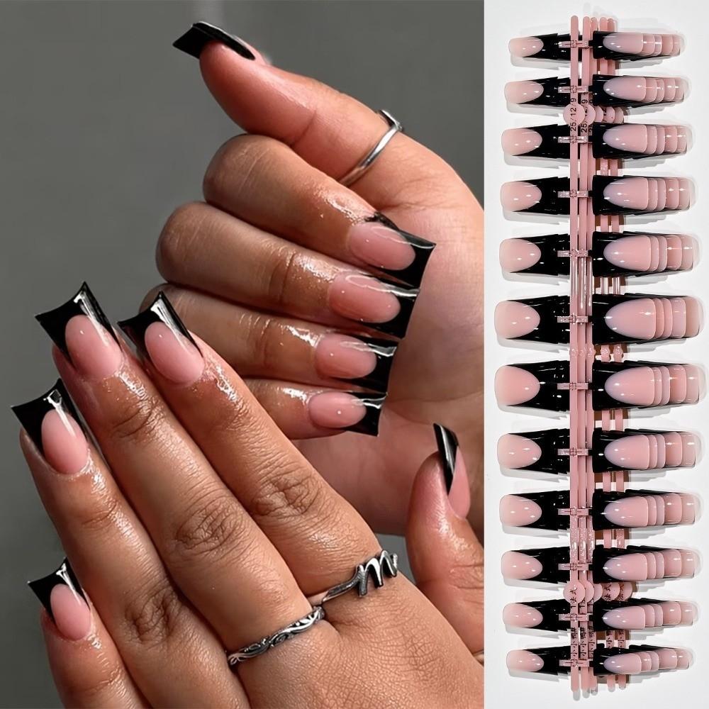 120 Pieces Nude Medium French False Nails Glossy Black Duckbill Fake Nails Home Use