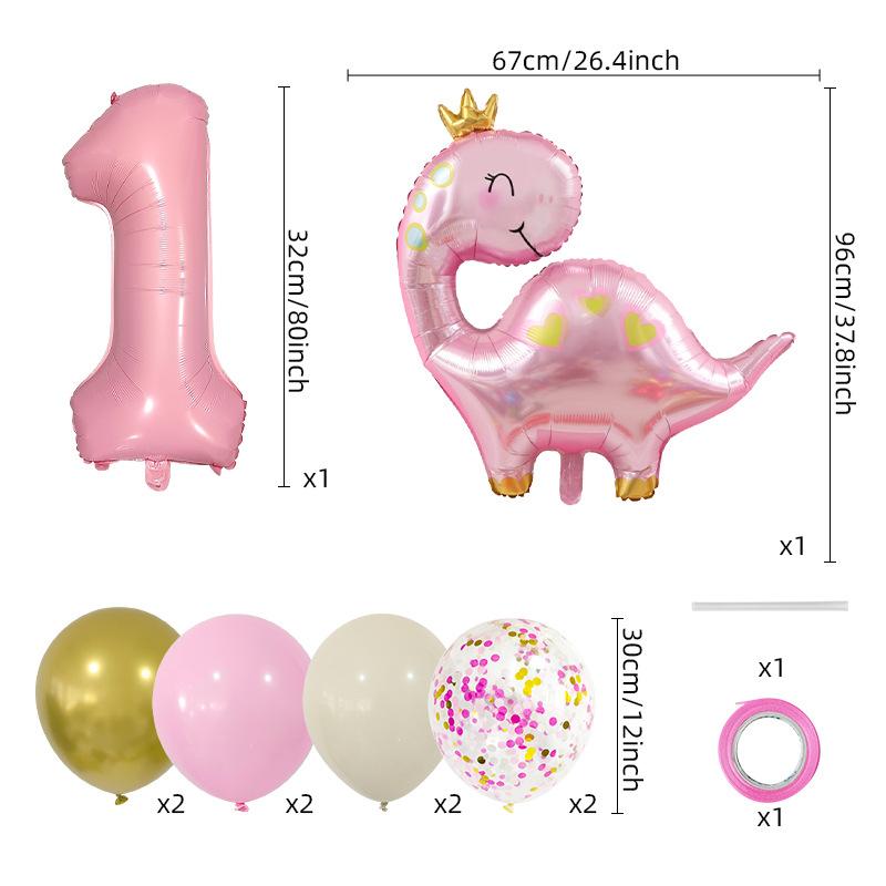 Cute Crown Pink Dinosaur Aluminum Film Balloon Set 32 Inch Pink Digital Girl First Birthday Party Decoration