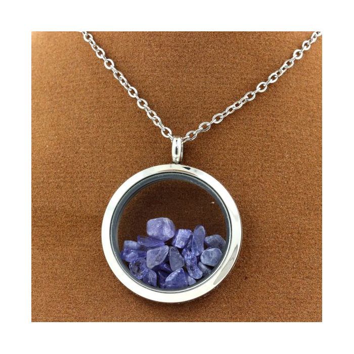 Collier - A BIJOUX - Médaillon 25 mm - Tanzanite brut - Acier inoxydable - Argenté