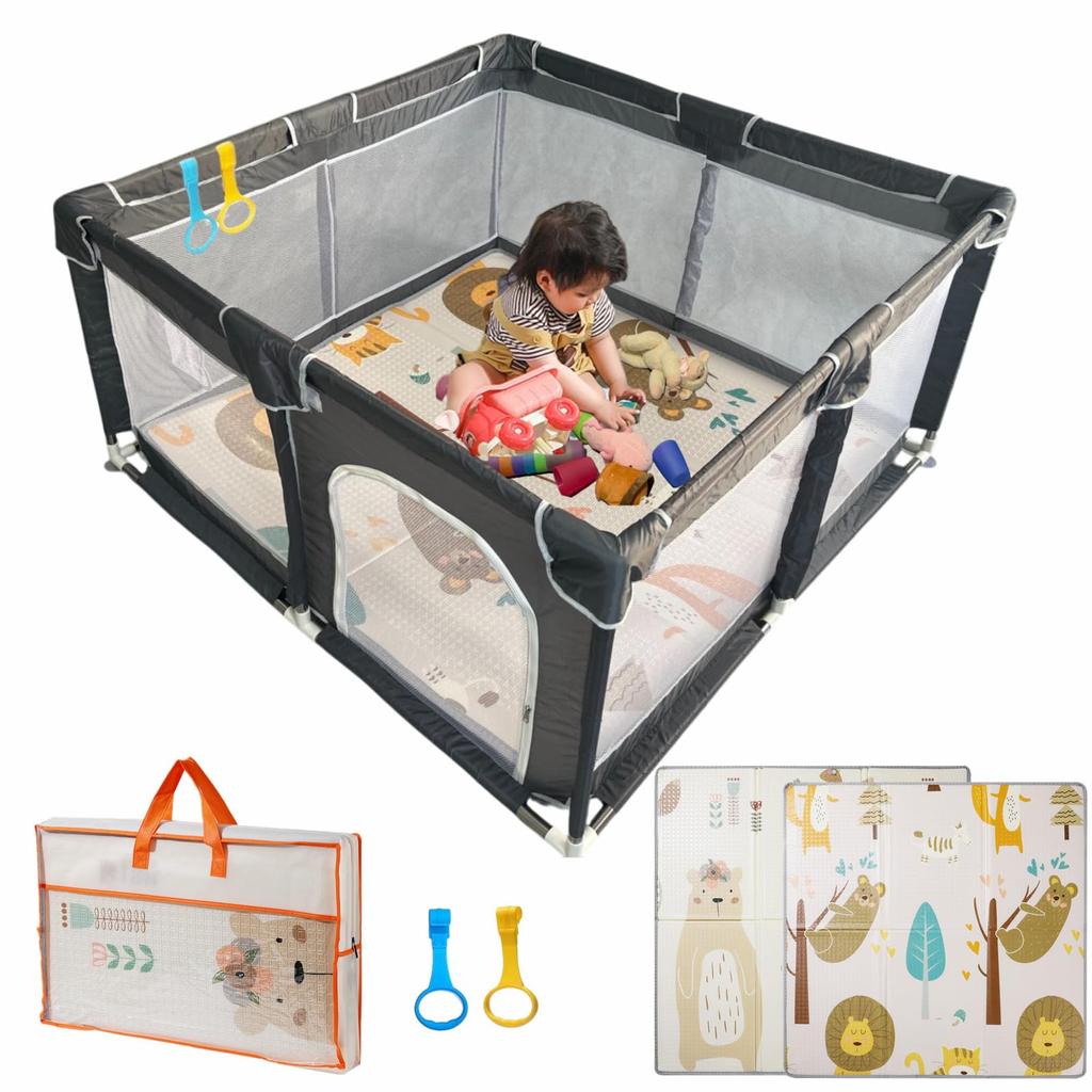 Playpen with Play Mat 120x120cm Baby Small with Door Baby Fence Folding Baby Playpen Circle Easy To Assemble Washable Storage Bag Included Japanese