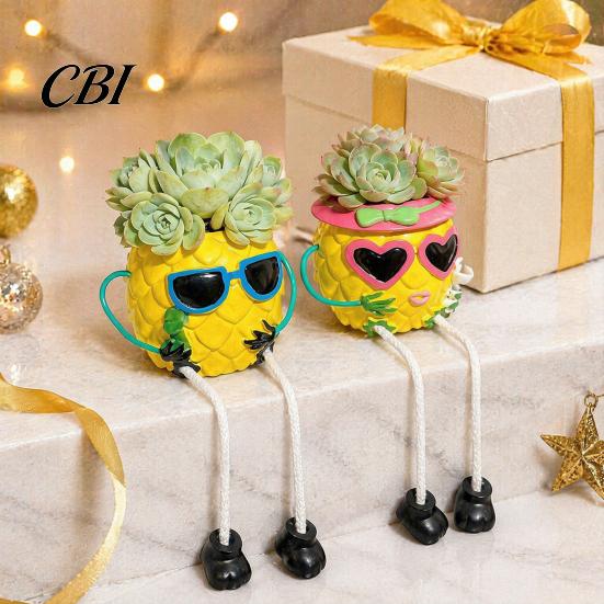 Charming Desktop Decorative Pot Pineapple Tabletop Planter, Succulents with Hanging Legs, Versatile Unique Office Table Decoration Organizer, Tropical
