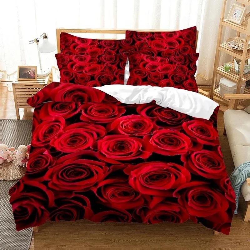 Comforter Red Rose Bedding Set Quilt Pillow Case 3D Hd Double Full King Queen Twin Single Polyester Comforter