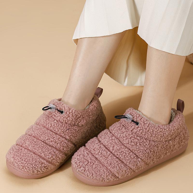 Модные домашние теплые плюшевые тапочки для женщин 2025 Зима Искусственный мех Плоский каблук Хлопковая обувь Женские Слипоны Нескользящие Хлопковые Шлепанцы Женские