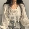 White Knitted Cardigan Women Summer Thin Sunscreen Lace-Up Knitwear Tops Female Korean Style Lantern Sleeve Short Coat