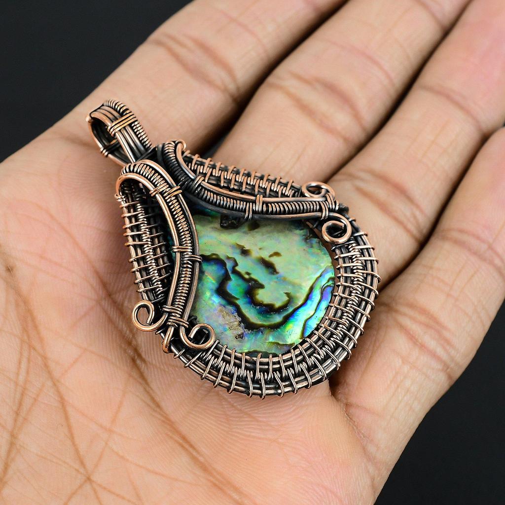 Abalone Shell Pendant, Handmade Gemstone Pendant, 999 Copper Wire Wrapped Pendant Antique Jewelry, For Engagement Gift