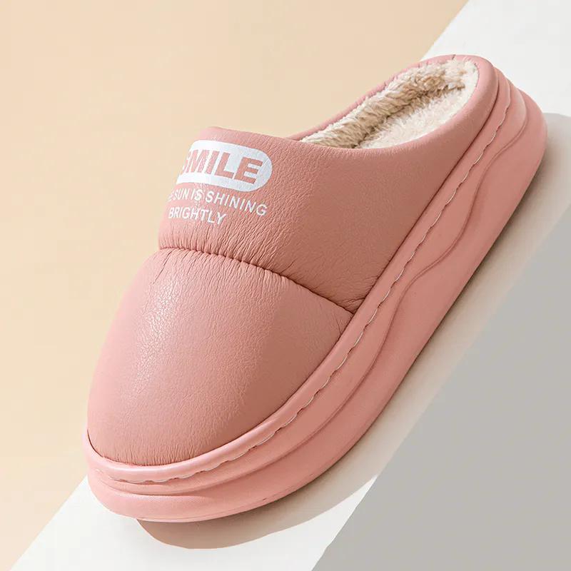 WTEMPO Тапочки из искусственной кожи с закрытым носком, осенне-зимние, хлопковые, для пар, ПУ, толстый плоский каблук, домашние, плюшевые, теплые тапочки