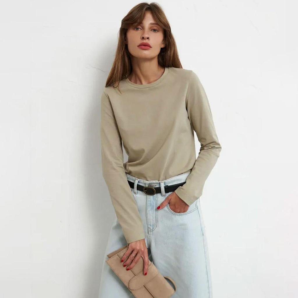 Футболка с длинным рукавом Beiyingni весна-осень, женская, однотонная, хлопковая, мягкая, с круглым вырезом, женская, высококачественная, повседневная, базовая футболка