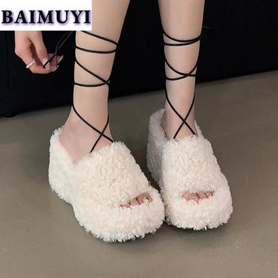 Меховые туфли на танкетке на платформе, женские тапочки, туфли на высоком каблуке, тренд 2025 года, босоножки на каблуке, короткие плюшевые шлепанцы, туфли-лодочки Mujer Zapatos
