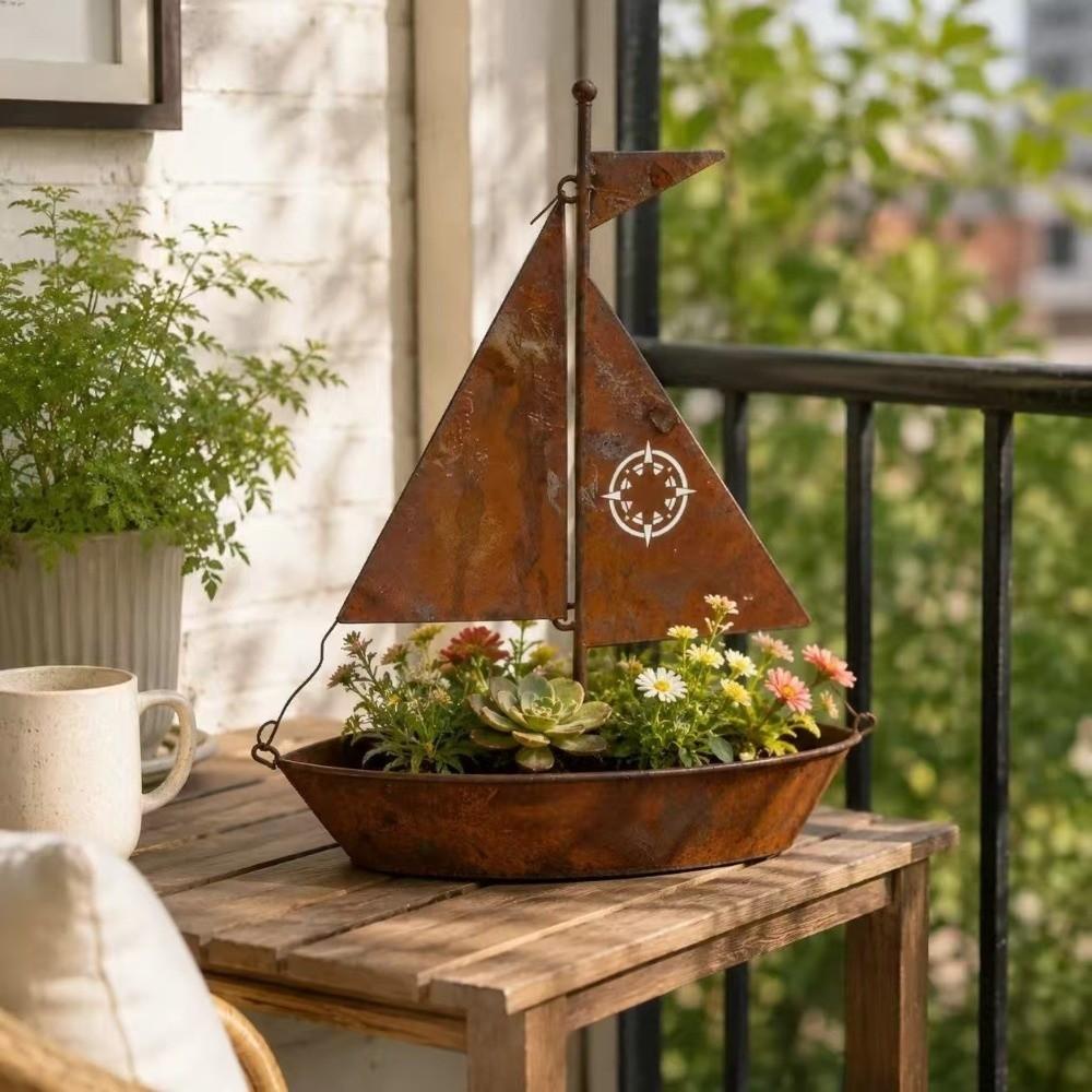Vintage Nautical Sailboat Flower Pot Rustic Metal Succulent Pots Potted Planter Desk Decor