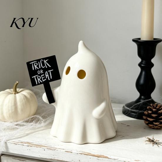 Atmospheric Night Light Halloween Up Ghost Figurine, Cute Small Resin Statue, Spooky Desktop Detachable Logo Tag Ornament for Table Mantel Shelf