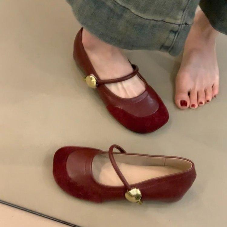 Soft leather version! French retro splicing Mary Jane shoes women's spring and autumn new one-word single shoes with shallow mouth inner height incr