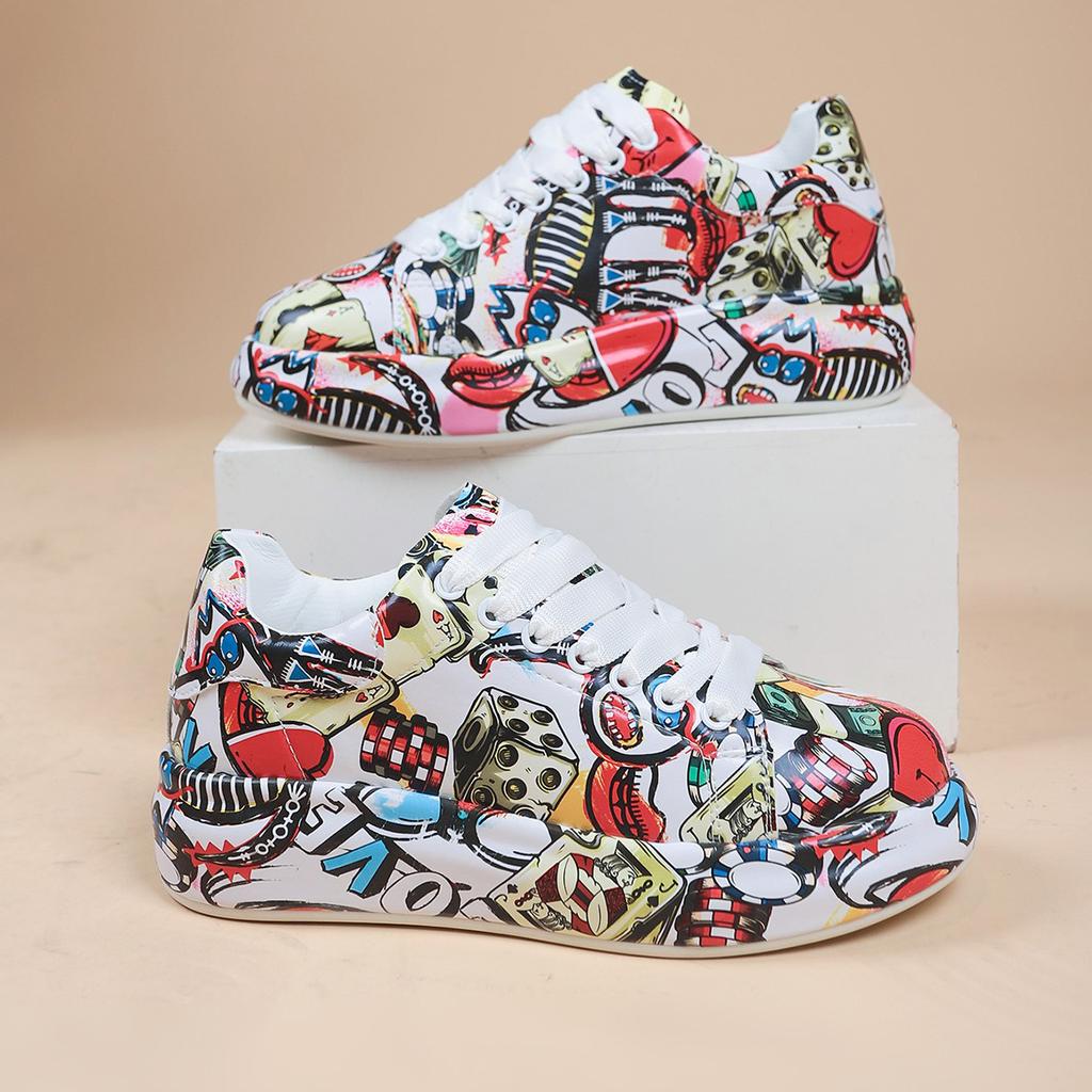 Fashion Painted Graffiti Sports Shoes for Women Lace-up Comfortable Platform Shoes
