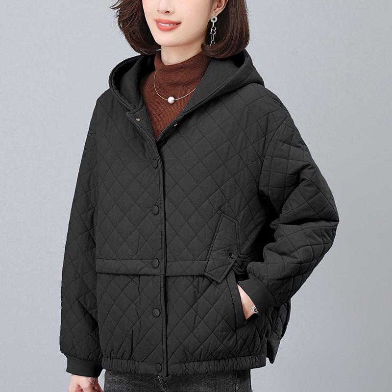 Women's Argyle Hooded Cotton Jacket 2024 - Thickened Short Coat for Autumn/Winter, Petite & Middle-Aged Styles