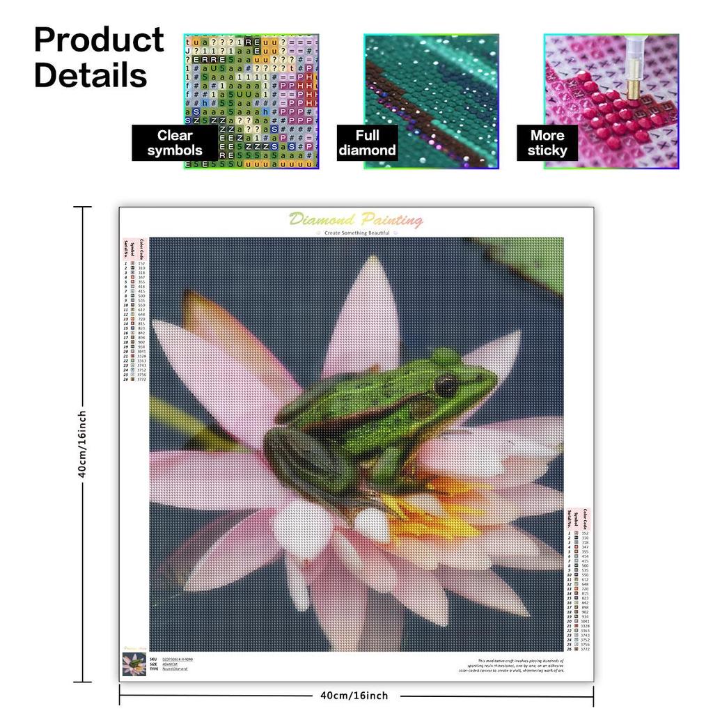 DIY алмазная живопись, вышивка, лягушка, набор горный хрусталь, лотос, полный круглый алмаз, животное, украшение для дома 40x40 см/16x16 дюймов