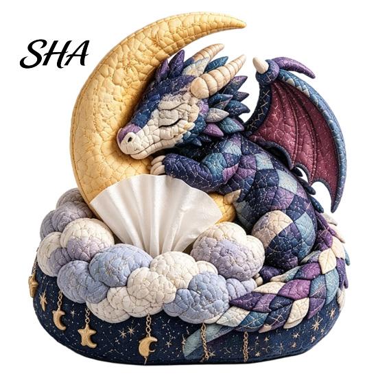 Cute Animal DIY Craft Quilted Patchwork Tissue Box Kit, with Pre-Cut Fabric, Woodland Kit Whimsical Box, for Adults Beginners Dragon