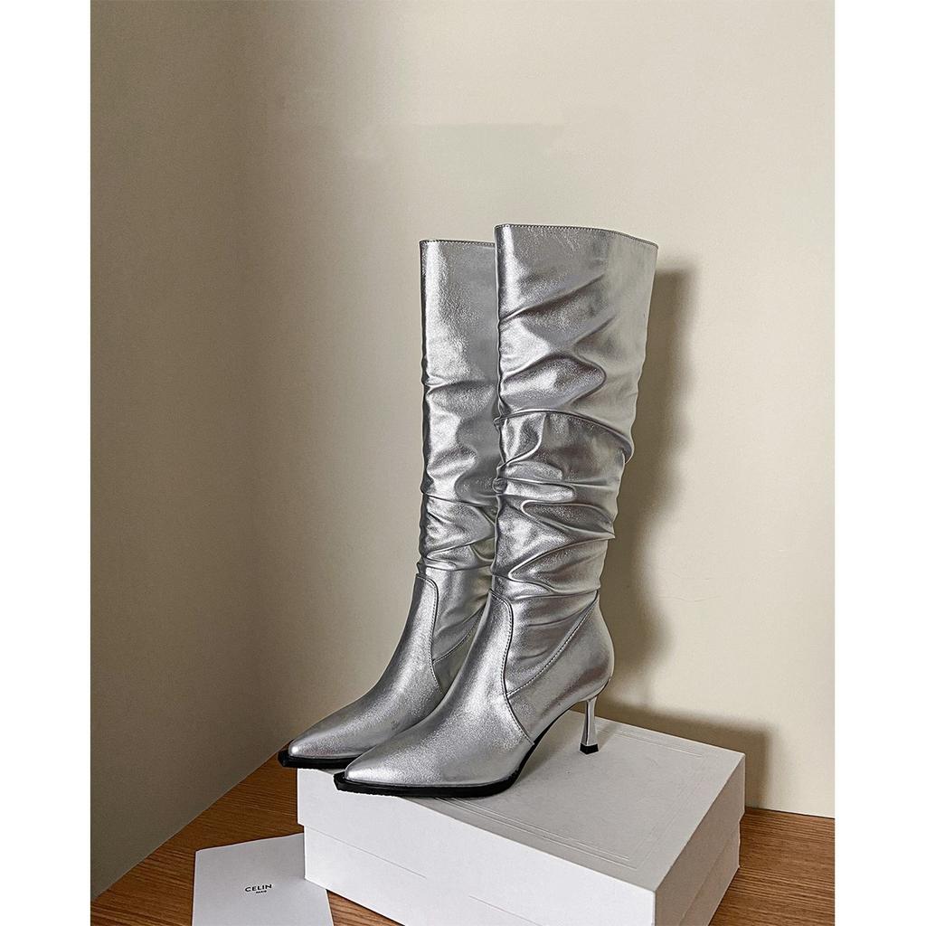 [Фабричное производство товаров] Женские туфли на высоком каблуке, ботильоны-чулки на шпильке, новинка 2025 года, тонкие ботильоны до икры с острым носком