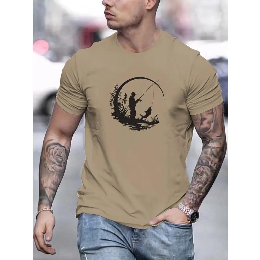 Мужская футболка с графическим принтом для рыбалки - Базовая футболка с круглым вырезом из 100% полиэстера, слегка тянущаяся, однотонная, летний повседневный топ из трикотажной ткани