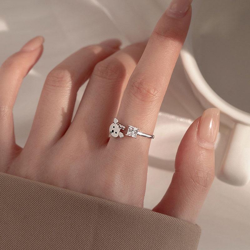 ANENJERY Cute Bear Square Zircon Rings for Women Girls Party Birthday Gifts Jewelry Wholesale