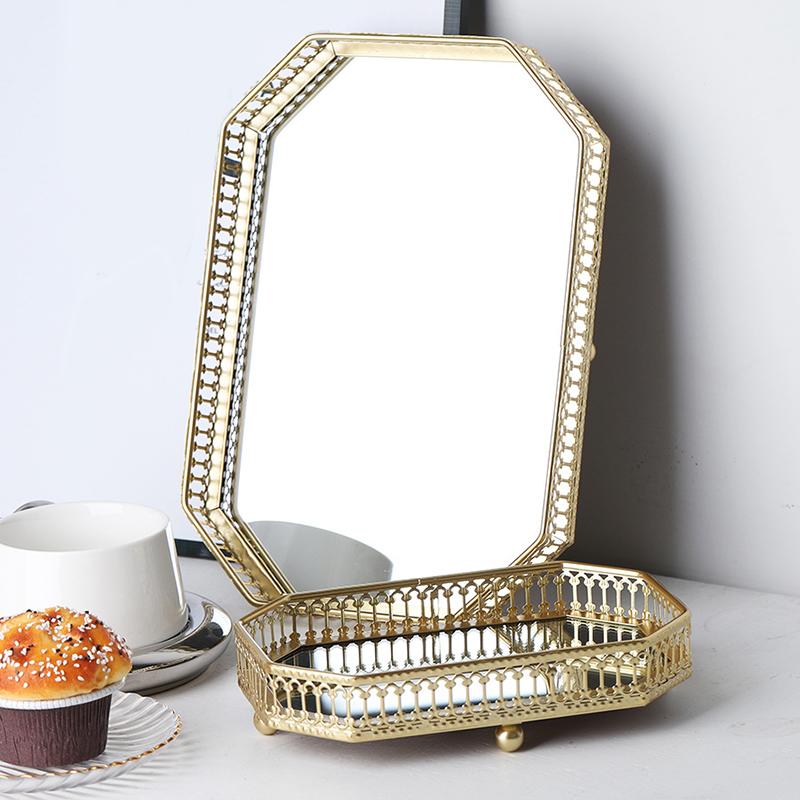 1шт поднос-органайзер для спальни, поднос для украшений, элегантные восьмиугольные подносы для косметики, металлическое настольное зеркало, основание для украшений, 2 размера