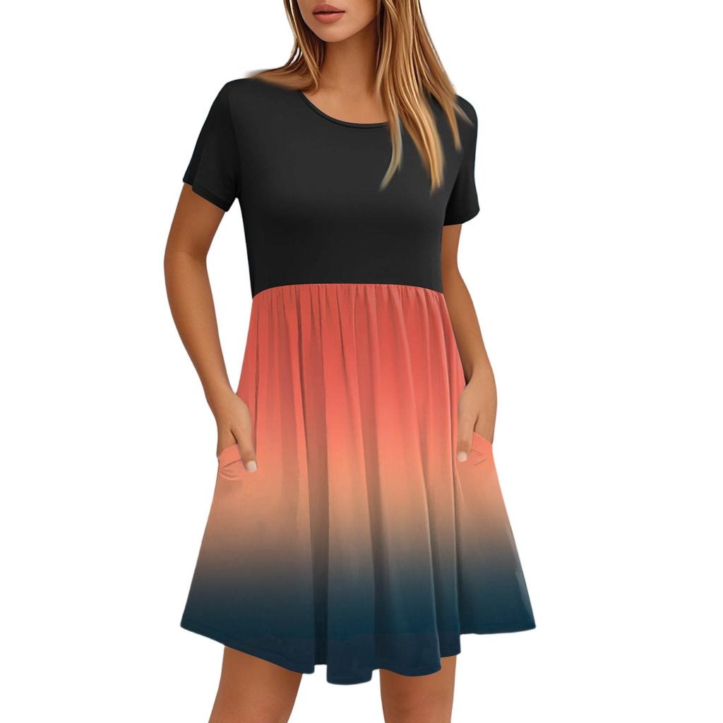 Женские модные повседневные свободные платья с круглым вырезом и коротким рукавом с принтом и карманами