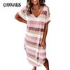 Summer Women's Loose Stripe Printed Short Sleeve Dress Long Dress