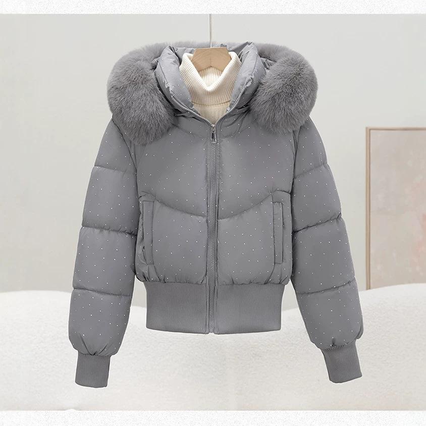 Winter gypsy polyester cotton cotton clothes women's big fur collar hooded small short high waist thickened warm jacket