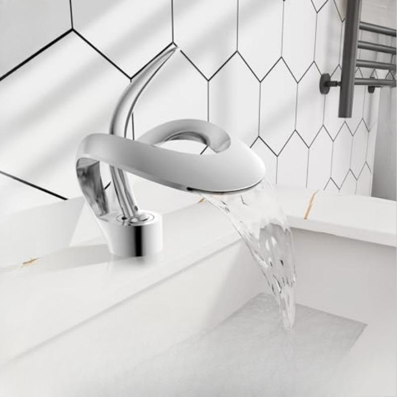 Beautiful and Functions Single Handle Bathroom Sink Faucet, Waterfall Curved Shape Design Single Hole Lavatory Faucet Basin Mixer Tap