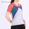 Женский трикотажный топ с V-образным вырезом, короткими рукавами и цветными блоками