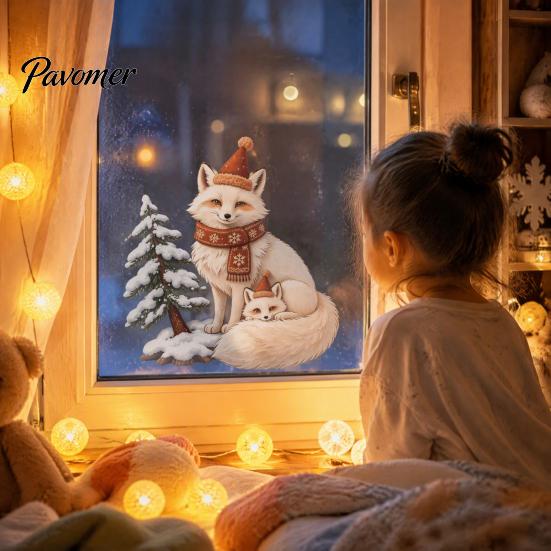 Прозрачные Стеклянные Узоры Рождественская Лиса Наклейки на Окно, Зимний Лесной Зверь Двусторонние Наклейки, Милая Графика Многоразовые Статические Наклейки для Праздника