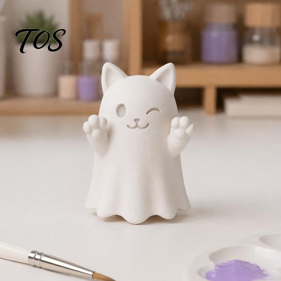 3D Printed Cat Sculptures Cute Ghost Figurine, Wink Smile Surprise Spooky Halloween Decor, Lover Gifts Blank White DIY Paintable Statue, Stable