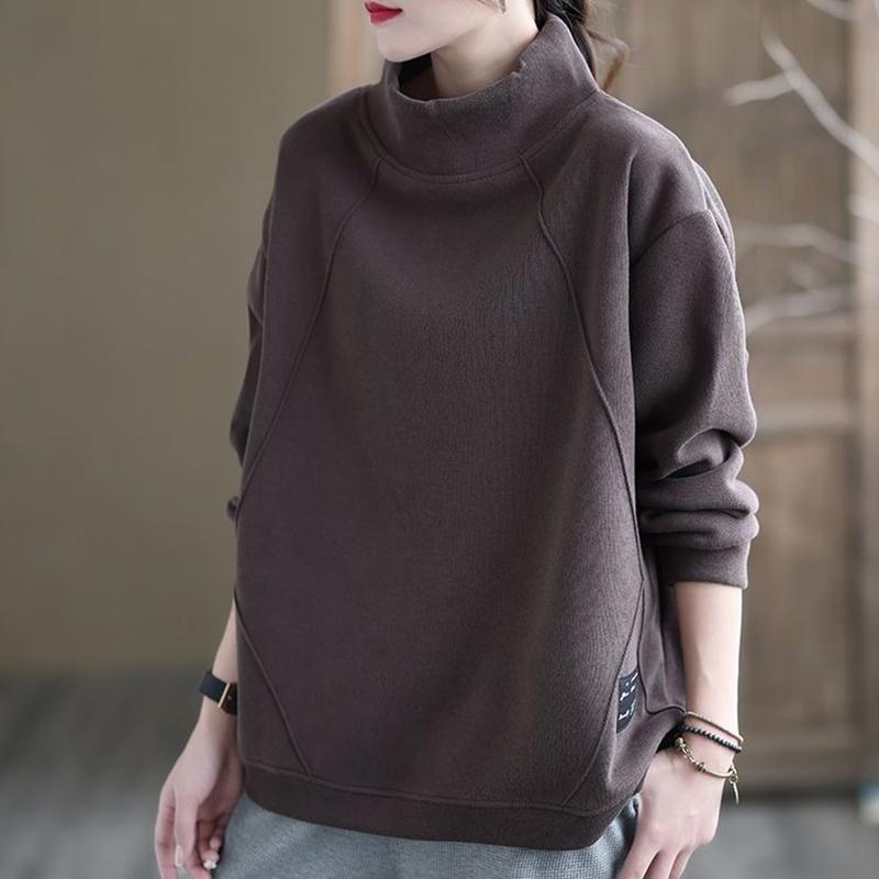 Свитшот для женщин, хлопковая свободная футболка большого размера с длинным рукавом, флисовая утолщенная удобная повседневная кофта с высоким воротом