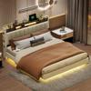 Upholstered Bed 160*200 with LED Lighting and USB Socket, Headboard with Storage Space, Floating Bed Youth Bed Adult Bed, Linen Fabric, Beige