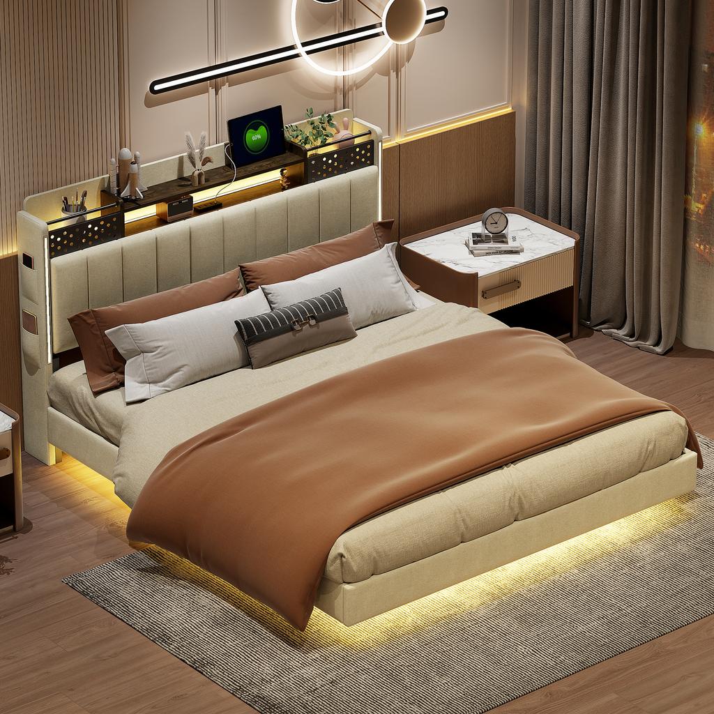 Upholstered Bed 160*200 with LED Lighting and USB Socket, Headboard with Storage Space, Floating Bed Youth Bed Adult Bed, Linen Fabric, Beige