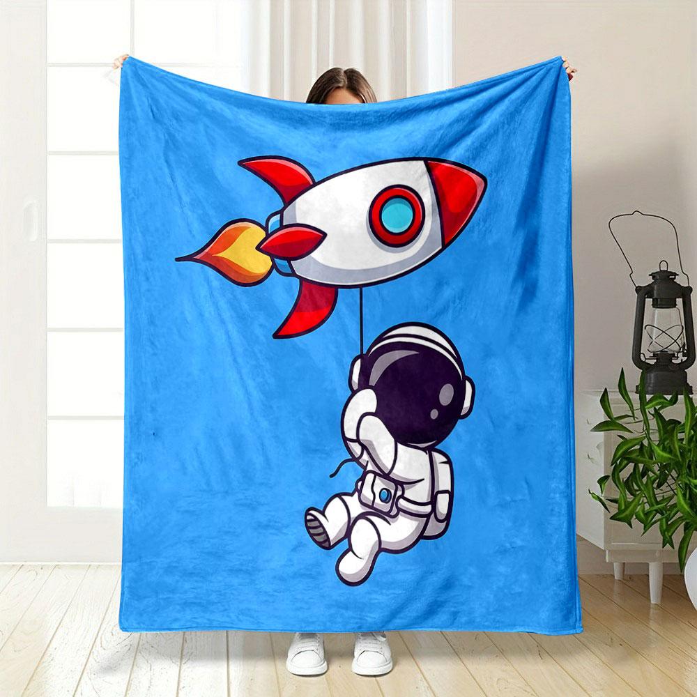 Astronaut with Rocket Balloon Patterned blanket, flannel, suitable for all seasons, home decor, warm and cozy