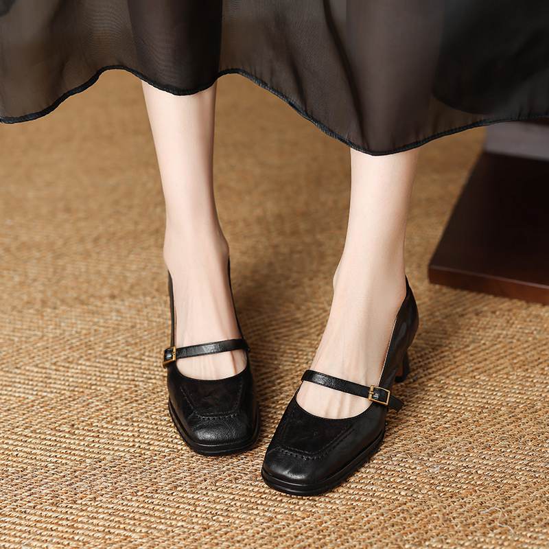 Krazing Pot Овчина Квадратный Носок Размер 40 Высокие Каблуки Металлическая Пряжка Декорация Модные Гладиаторы Осенние Туфли