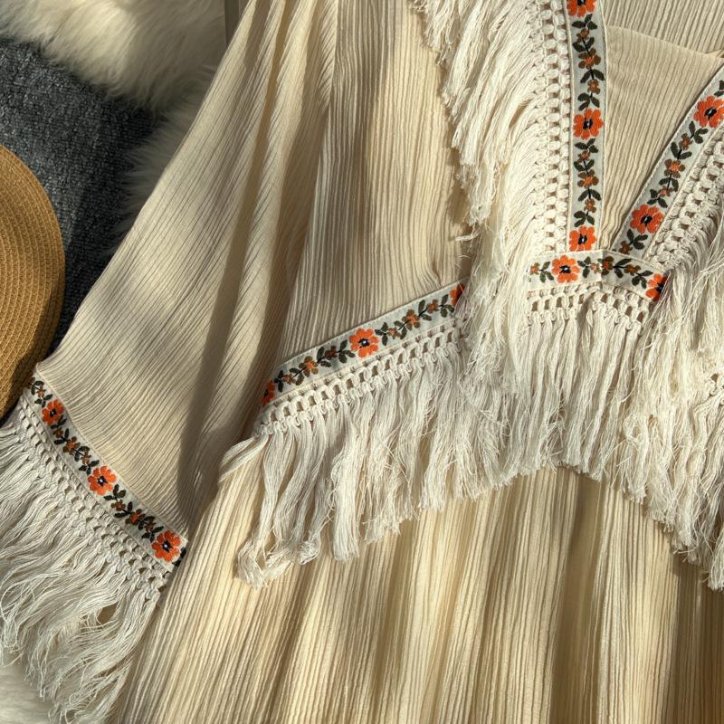 Винтажные длинные платья, женское летнее кружевное платье трапециевидной формы с v-образным вырезом и половиной рукавов и кисточками в стиле пэчворк, с высокой талией