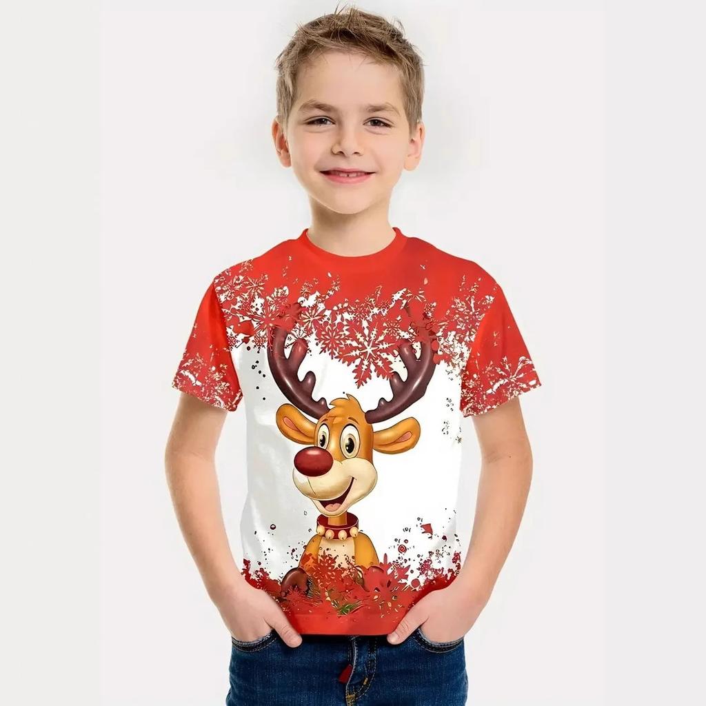 Летний топ с круглым вырезом и принтом рождественского оленя в виде 3D, модные и повседневные детские футболки для мальчиков с короткими рукавами