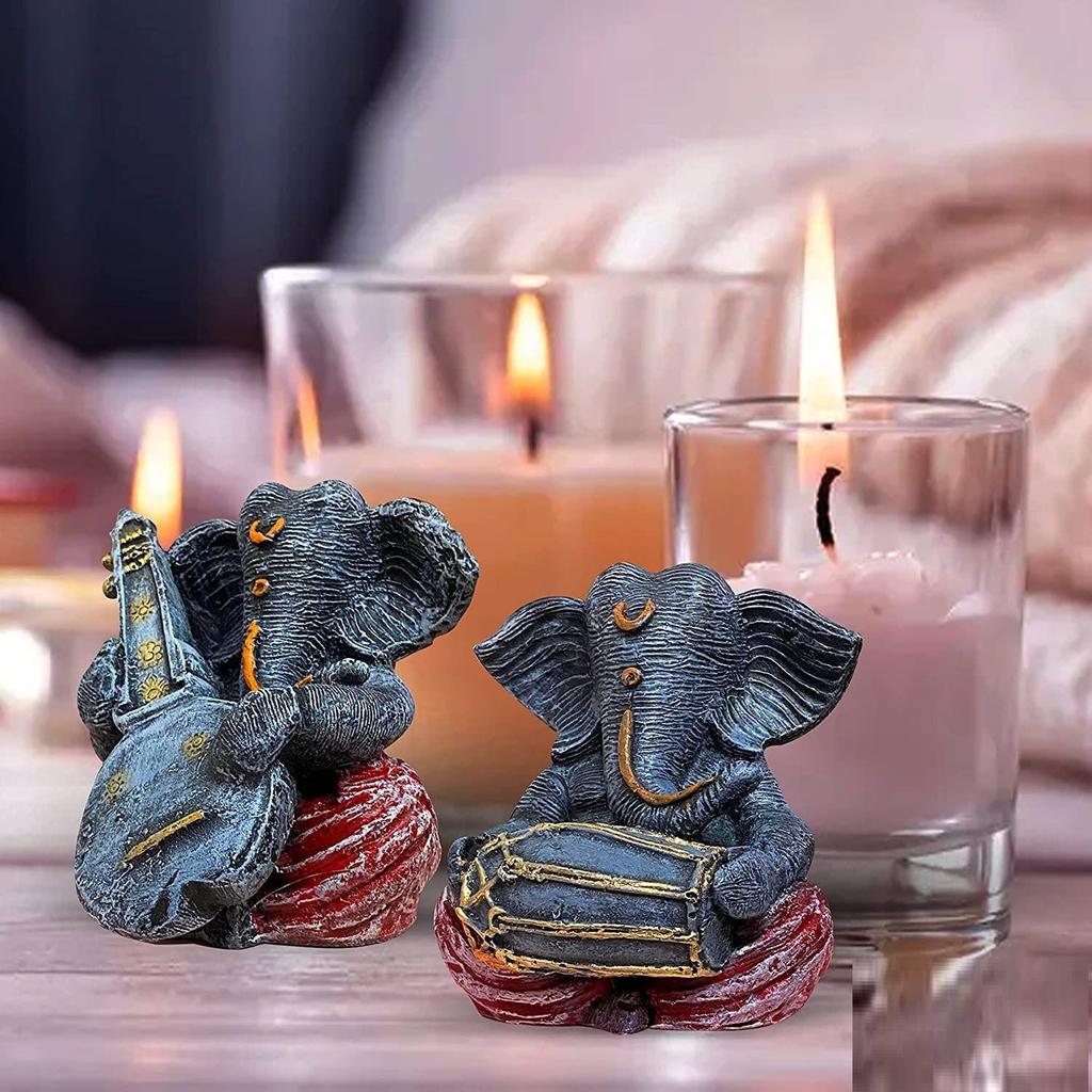 Resin Musical Ganesha Pair for Home Decor | Brings Prosperity - (Grey & Red, Pack of 2)