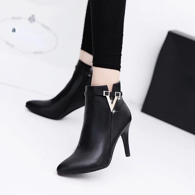 Botas Mujer Invierno Autumn Stiletto Thin High Heels Woman Pointed Toe Pu Leather Zipper Sexy Ankle Women Boot Botines Chelsea8