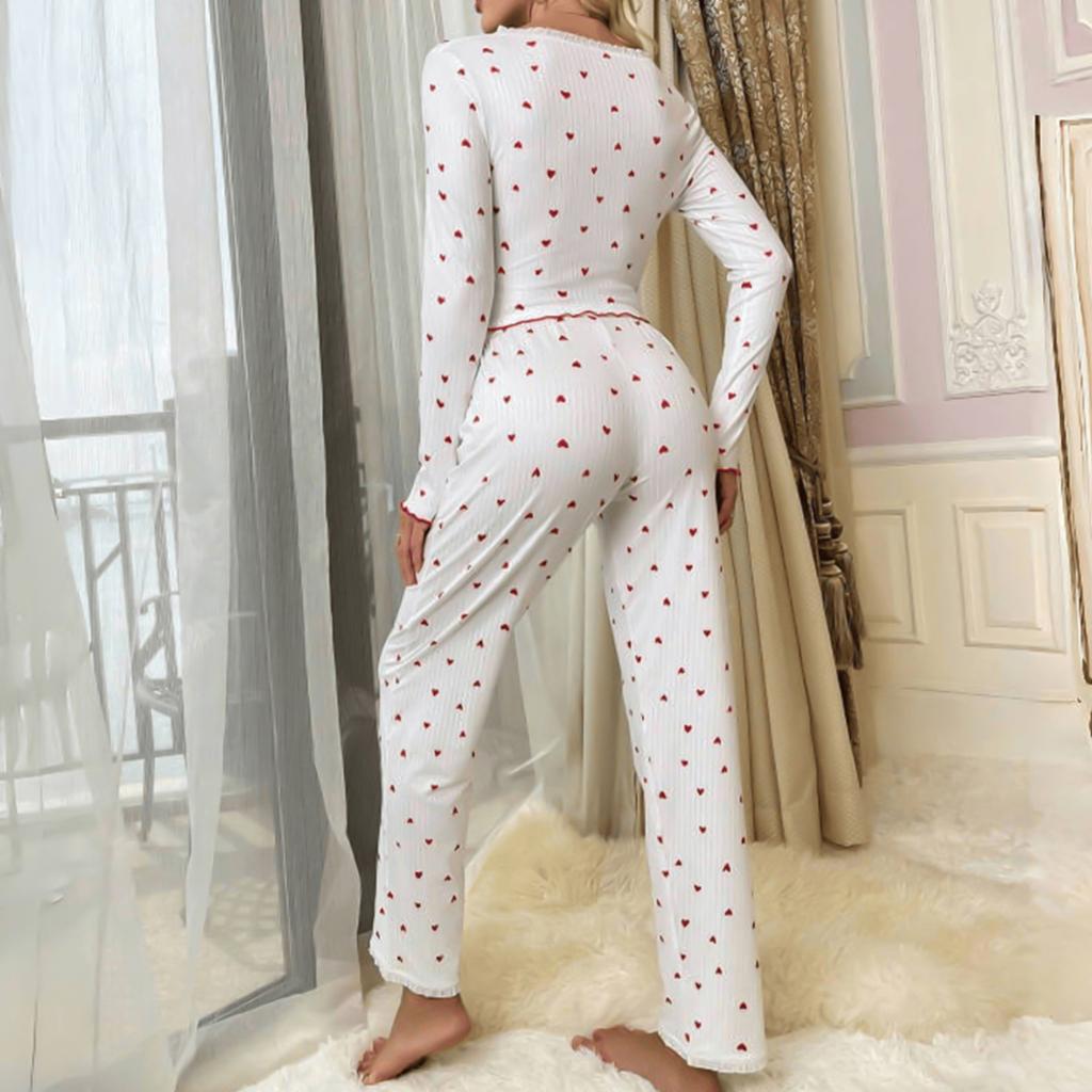 Женская домашняя одежда пижама брюки с длинным рукавом свободная и удобная сексуальное кружево принт с сердечками V-образный вырез комплект из двух предметов