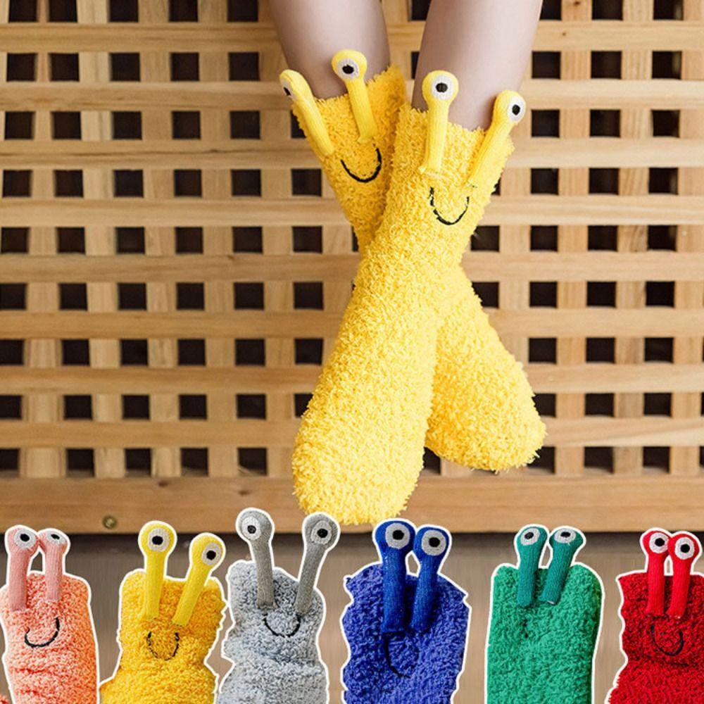 Cartoon Funny Tube Socks 3D Eyes Furry Plush Sock Kawaii Coral Fleece Socks  Girls