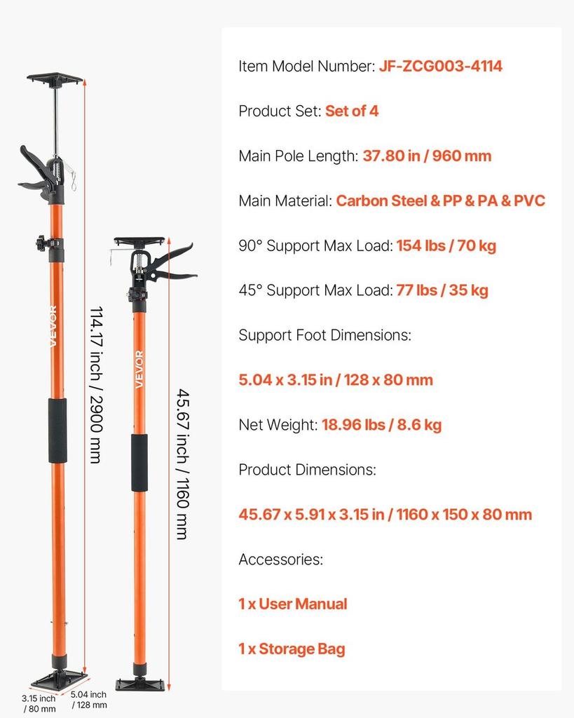 Cabinet Jack Support Pole, 4-Pack, 116-290 cm Steel Telescopic Quick Support Rod, Adjustable 3rd Hand System up to 70 kg Capacity for Installing