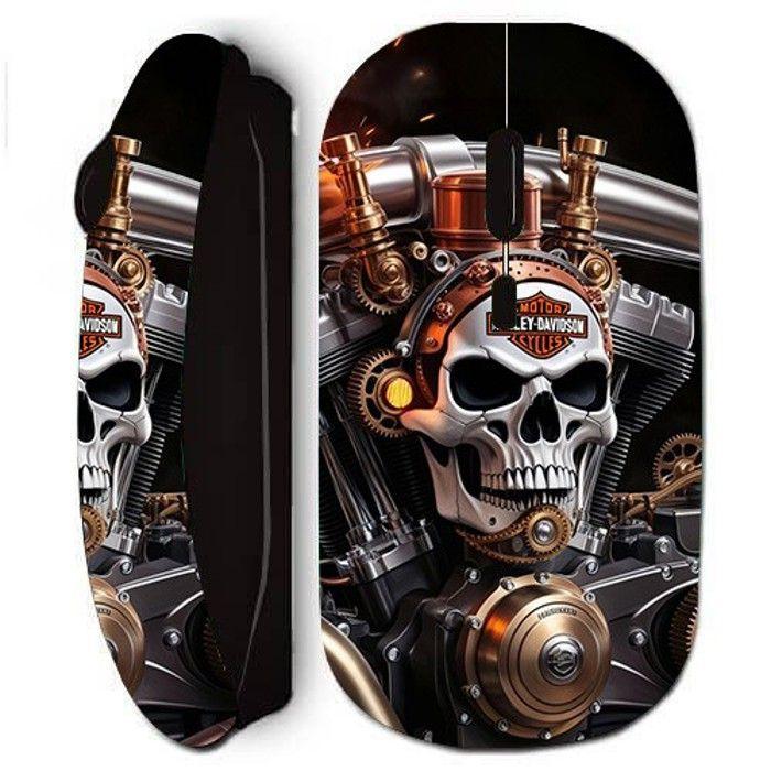 Souris sans fil - Harley Davidson - Tête de mort - Ergonomique - Mécanique - Noir